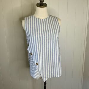 Before Womens Size Medium Sleeveless Bliuse Blue White Stripe Button Details